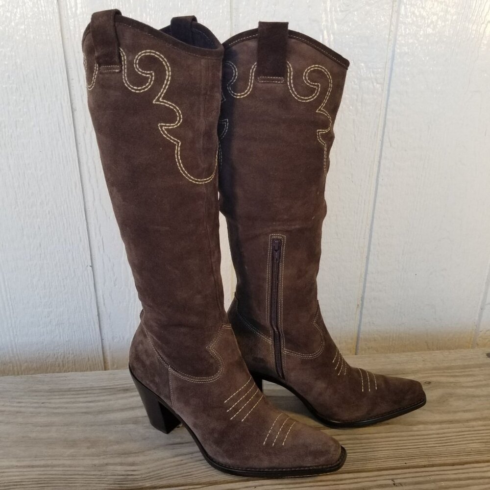 Via Spiga Womens Brown Suede Leather Stacked Heel Boots 7 M Brazil - Picture 3 of 13